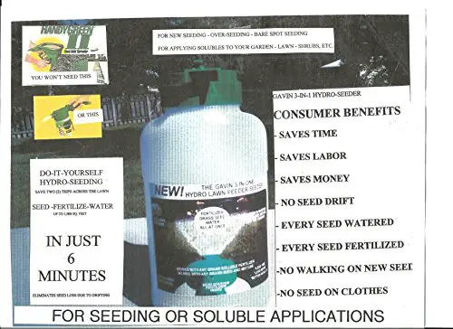 GAVIN 3 IN 1 Holds UP to 3# Soluble Fertilizer. CONVERTS to Hydro Seeder for New Lawn Areas: Over-Seeding and Bare SPOT Seeding W/Automatic Emptying Without Splashing User