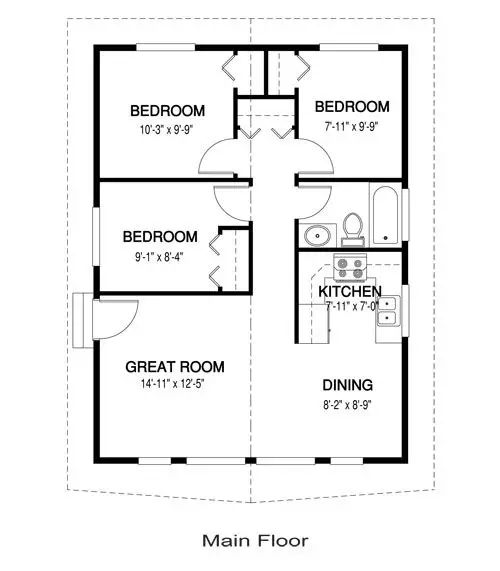 Vintage 3 Bedrooms Tiny House floor plan